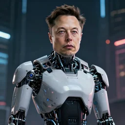 elon musk, robotic android, cyberpunk