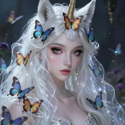 epic detailed digital art of beautiful queen made of butterflies and translucent fabric. in the unicorn's garden. amazing eye lashes, foxy eyes. magic. necromancer. by greg rutkowski, digital painting, artstation, concept art, smooth, sharp foccus ilustration, artstation hq. intricate, elegant. art by wlop and artgerm and greg rutkowski and