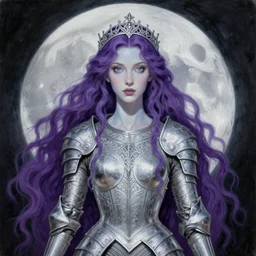 painting of fae prophetess of the moon, silver filigree armor and tiara, moon above head, purple wavy hair, smooth translucent skin, wide striking eyes, beautiful! coherent! symmetrical body, by brom, by junji ito, by brian froud, strong line, high contrast, muted color, preraphaelite style, 4 k, trending on artstation