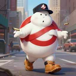 a giant ghostbusters stay puff marshmallow man wearing timberland shoes and a yankee hat smoking a joint walking in new york city, highly detailed portrait, digital painting, artstation, artstation hq