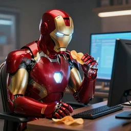 iron man sitting in front of computer and eating chips with coca cola, movie concept art, trending on artstation, highly detailed, intricate, sharp focus, digital art, 8 k