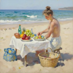 Pinic at the beach Oil Painting by Summerlin Jack, Detailed Volumetric lighting