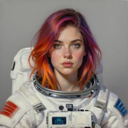 a portrait of a very beautiful woman in a spacesuit, Alexandria\'s genesis, shoulder-length balayage umbrage vibrantly colored hair, bored, illustration, soft lighting, soft details, painting oil on canvas by mark arian by artgerm, trending on artstation, 4k, 8k, HD