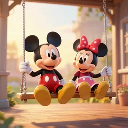 mickey and minnie mouse sitting on porch swing, pixar 3 d style, golden hour