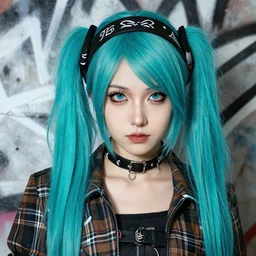 highly detailed closeup portrait of a sewer punk pretty swedish female road warrior student, tartan garment, cyan hair pigtails with headband by atey ghailan, by greg rutkowski, by greg tocchini, by james gilleard, by joe fenton, by kaethe butcher, gradient cyan, black, brown and white color scheme, grunge aesthetic!!! white graffiti tag wall background