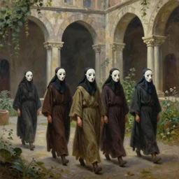 disciples in masks walking through an ambient light - filled courtyard, morning light, romanesque architecture, chiaroscuro, atmospheric, detailed, lush, fantastical, lowbrow, pj crook, oil on canvas