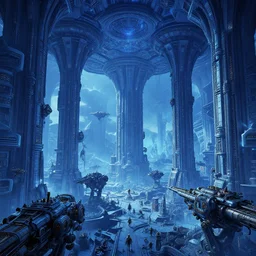 the depths of a vast artificial world with massive towering pillars holding the ceiling of the landscape up, detailed, cobalt coloration, energetic beings patrolling, extreme depth, wayne barlowe and mc escher collaboration, abyss, colossal hovering machine automations of brutalist design visible in the foreground