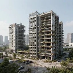 a beautiful photorealistic highly detailed industrial architecture urbex city abandoned nature unfinished building parking lot building architecture by kazuyo sejima, postcyberpunk, archdaily, wallpaper, highly detailed, trending on artstation.
