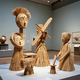 realistic photo of a a modern brushwood and straw astronomy archeology scientific equipment gadget sculpture made of brushwood, covered with faces, by dieter rams 1 9 9 0, life magazine reportage photo, natural colors, metropolitan museum collection