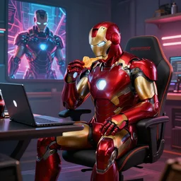 iron man sit on chair and eating chips in front of laptop in detailed gamer room, coke on table, cyberpunk concept art, trending on artstation, highly detailed, digital art, 8 k