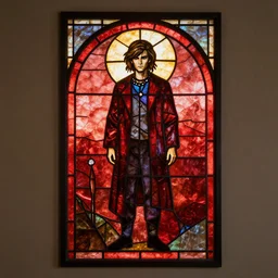 stained glass art of the zodiac killer, masterpiece, back - lit with a red glow