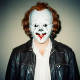 blurry film grain still of a man wearing a leather jacket and white shirt wearing a latex pennywise mask