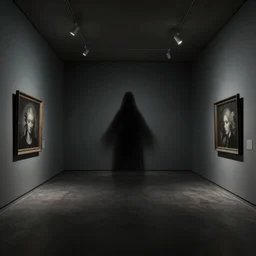 empty gallery with the ghost in the middle by Zdzisław Beksiński, irwin penn, Giorgio de Chirico, realistic, digital art, dark, moody, gloomy