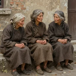 loght brown complementary colours, painted portrait of three rugged old homeless women begging in the street by ruan jia greg rutkowski, unkempt hair, clear face feminine females mature sensual beautiful homeless fantasy intricate elegant detailed digital painting, concept art artstation sharp focus illustration
