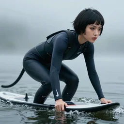 cat riding on water, youthful asian blade runner demure, 3 5 mm, exquisite features, feminine cut, pris mascara, nike frontiers in flight neoprene suit, misty, stephane sednaoui, id magazine photoshoot