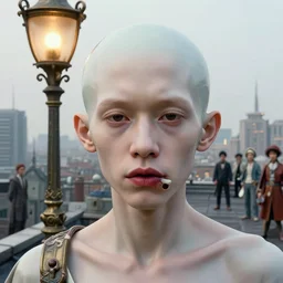 closeup portrait of albino mandarin with thin, stained lips and smoking hole in porcelain head standing under rococo lamp on rooftop overlooking the city, science fiction concept art by j. c. leyendecker, greg rutkowski, beksinski, stephen gammell, deak ferrand, anato finnstark, yoshitaka amano, and rembrandt