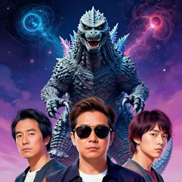 a portrait of realistic godzilla with sunglasses in front of the camera by inio asano, beeple and james jean, aya takano color style, 8 k, super detailed, night sky, digital art, digital painting, celestial, majestic, colorful, front