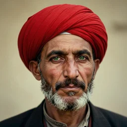 portrait of president millard fillmore as afghan man, green eyes and red turban looking intently, photograph by steve mccurry
