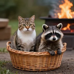 a beautiful and realistic picture of a cat and a raccoon sitting next in a basket next to a firepit, cinematic, masterpiece, photo realistic 4K, very detailled, trending on Artstation