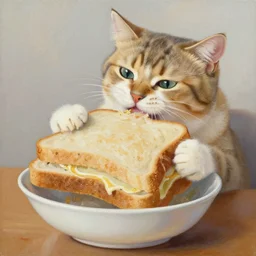 a painting of a cat biting a big sandwich from a bowl. Cat eating sandwich. Cat has food in mouth.