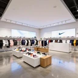 architectural photography, 8 k, realistic lighting, reflections, bloom, hyperdetailed environment, pbr materials. large nike boutique flagship retail. white walls. polished concrete floor. display tables with colorful shoes and varied clothes. bright digital screens on walls. low ceilings with downlights and spots. white corian and oak furniture. impressive counter. shoes!!!! ( ( plants ) )