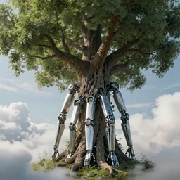 biomechanical arms and legs growing out of a tree, intricate details, backlit, clouds, concept art
