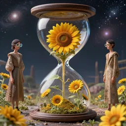 utopian Galaxy, raf simons fashion couture, intricately detailed tiny growing sunflowers humanoid inside an hourglass in the style of Emiliano Ponzi and  Chris Ware, futuristic 1990s contemporary art, sci-fi,eye glass, inside view, humanoid pov, intricate artwork by Tooth Wu and wlop and beeple, octane render, trending on artstation, greg rutkowski very coherent symmetrical artwork, depth field, unreal engine, cinematic, hyper realism, high detail, octane cinema 4D render, A24 cinematography, 8k