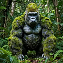 statue of a gorilla ruins covered by the dense jungle, artwork by Sergey Kolesov