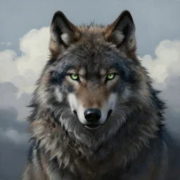 beautiful stunning portrait face of black furred wolfman with clouds in background by greg rutkowski. he is wolf themed like wolfman by mark arian. his body is fur - covered and green pupiled eyes. soft render, octane, highly detailed painting by moebius. artstation blank canvas scene by tetsuya nomura.