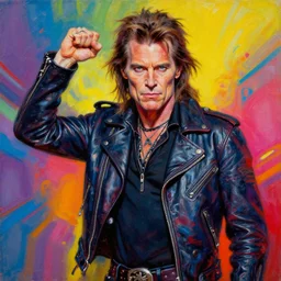 a portrait of willem dafoe as an apocalyptic scifi orcish biker character standing in a dynamic pose, psychedelic vibrant colors, futuristic punk rock fashion, oil painting by michael whelan art, perfect face, sharp focus, detailed eyes, realistic, leather jacket, 8 0 s glam, mullet, 8 k