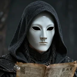 a digital art close up portrait of hooded bard with porcelain mask in style of skyrim character, handsome warlock with magic character sheet, 4 k, ultra detail, volumetric lighting, unreal engine, octane render, grimdark