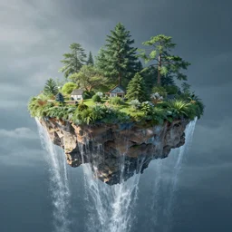 a flying island, water pouring down
