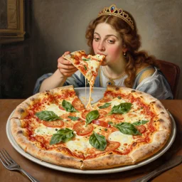 a highly detailed queen margherita ( savoy ) eating a pizza! margherita, full body, detailed painting by arturo faldi, trending on deviantart, octane, masterpiece