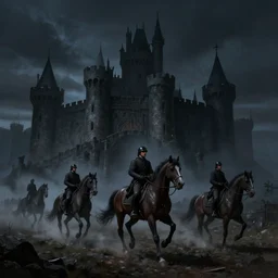 Night cavalry riding out of the dark castle, concept art, wide shot, high definition, devinart, artstation