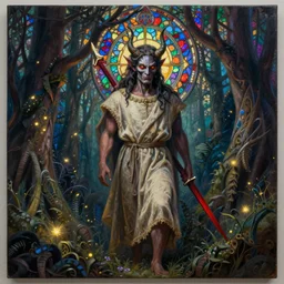breathtaking detailed soft painting of a male saint demon in gauze dress and crimson blades, in an intricate forest with fireflies, intricate olorful stained glass, elegant, highly detailed, artstation, concept art, matte, sharp focus, art by tom bagshaw, luis royo and greg rutkowski