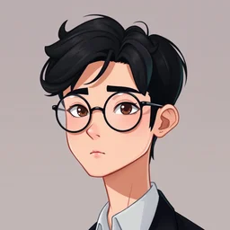 cartoon portrait of a cute androgynous young man with black hair and round glasses, heart shaped head, detailed face, clean shaven, elegant digital art by beeple, trending on artstation