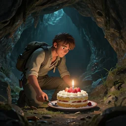 an adventurer finding a cake in a dark mysterious cave, digital art, highly-detailed, artstation cgsociety