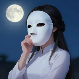 asian female, white cloth mask wearing traditional ao dai, full moon on the sky, a ultra detailed beautiful panting by ilya kuvshinov, greg rutkowski and makoto shinkai, trending on artstation