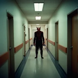 hospital hallway with a devilish demon at the end, back rooms, liminal horror, uncanny valley, found footage horror movie, shot on expired kodak tri - x film, extremely unsettling