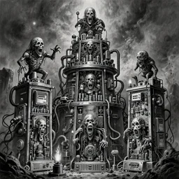 b & w inks of 1 1 horrifying chromed machines in tiers, all mainframe and medical, filthy, putrid chrome dip, battling sponge meteor with radio tubes, pipes, by wayne d barlowe, boris vallejo, geof darrow, stefano tamburini, torch light, muted colors, epic, hyper detailed, awe inspiring, award winning horror, hyper realism, cinematic