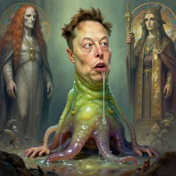 elon musk as slimy mollusk character, drool, far shot!!!, wide angle, highly detailed, digital painting, artstation, concept art, wallpaper, smooth, sharp focus, illustration, art by h. r. giger and artgerm and greg rutkowski and alphonse mucha