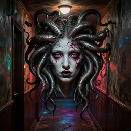 a hallway with colored lights at the end, the face of a medusa appears and heads straight for the camera, intricate, highly detailed horror art by kim jung gi and beksinski