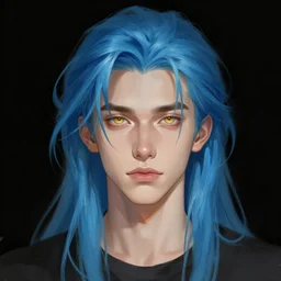 ilya kuvshinov with long sky blue hair, gold eyes, amber eyes, boyish face, professional digital painting, black background, wild brush strokes, concept art, award - winning photography, cinematic, wlop, color block, yandere, pop, hip, art by andy warhol, pixiv art, yoshitaka amano