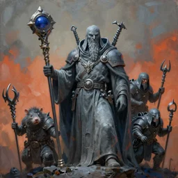 painting of fantasy grey seer skaven holding a ceremonial staff, rat person, vermintide, zdzislaw beksinski, lewis jones, dariusz zawadzki, wayne barlow, warhammer, cold hue's, warm tone gradient background, concept art