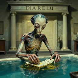 the strange creature at the bank that took my money, made of water and oil, film still from the movie directed by Denis Villeneuve with art direction by Salvador Dalí, wide lens