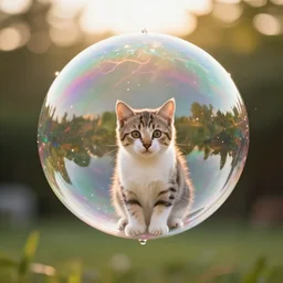 an adorable kitten stuck inside of a giant iridescent floating soap bubble, bokeh, golden hour, back yard, golden hour