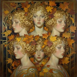 breathtaking detailed concept art painting art deco pattern of curly short hair blonde goddesses faces amalgamation autumn leaves, by hsiao - ron cheng and volegov, bizarre compositions, exquisite detail, extremely moody lighting, 8 k