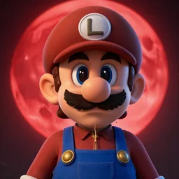 professional fantasy art of sad luigi, with s on hat, long thin drooping dangling moustache, very sad face, looking at camera, professional art, dnd, fantasy art, red moon, matte painting, volumetric lighting, unreal engine 5, very detailed art