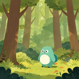 an illustration by dan mumford of a cute monster wondering in a forest, tall lush trees, autumn