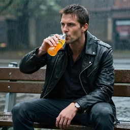 photo of JC Denton from Deus Ex sitting on a bench drinking orange soda, cinematic, highly detailed, artistic, raining